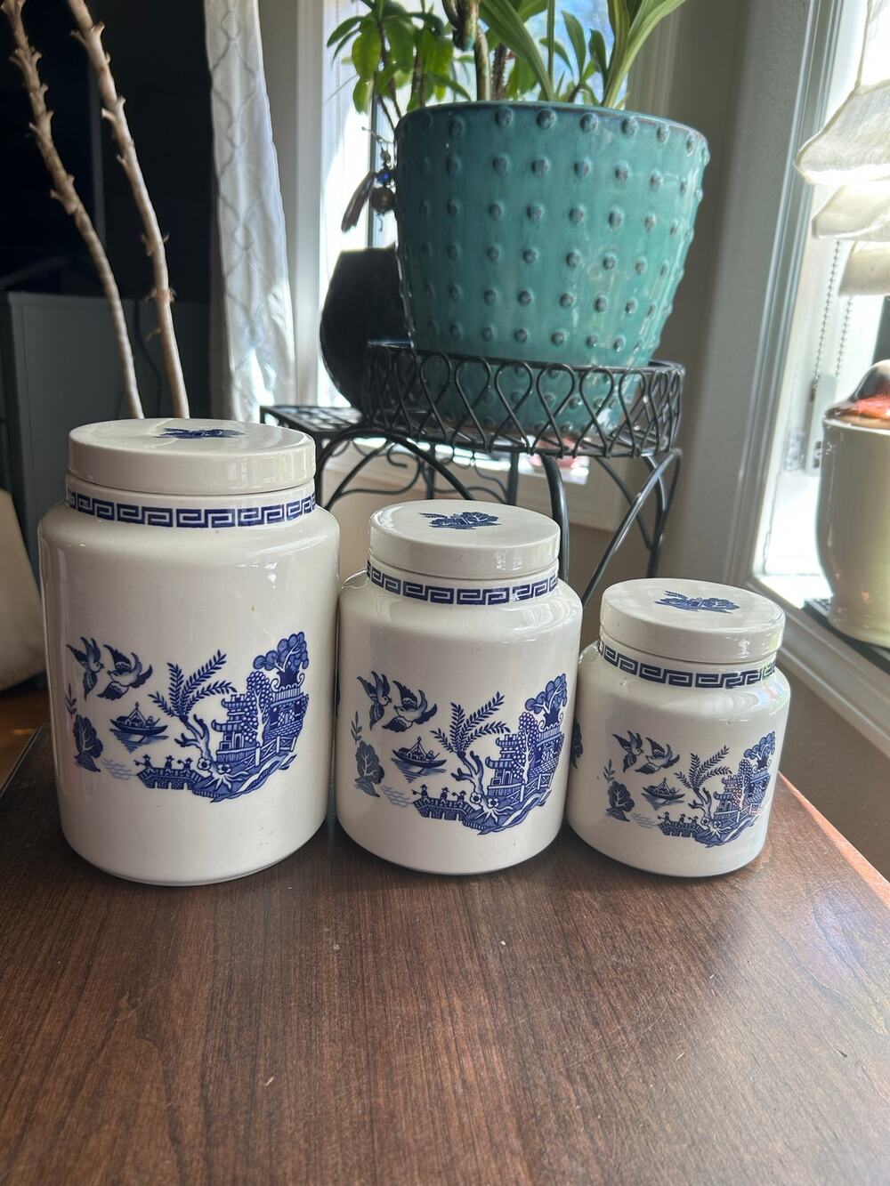 3 Vintage Price Kensington Blue willow pattern Canister kitchen food storage set